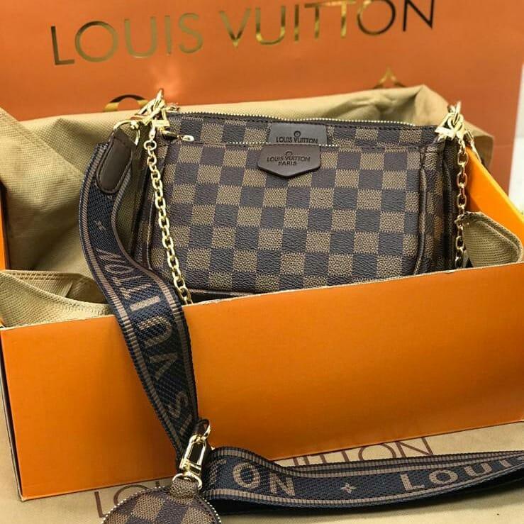 

Женская кожаная сумка Louis Vuitton Multi Pochette Луи Виттон принт клетка 3 в 1