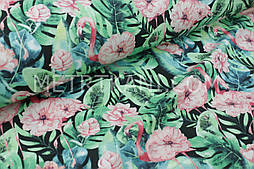 Ткань хлопковая  "Цветочное фламинго"  на черном фоне  №1716