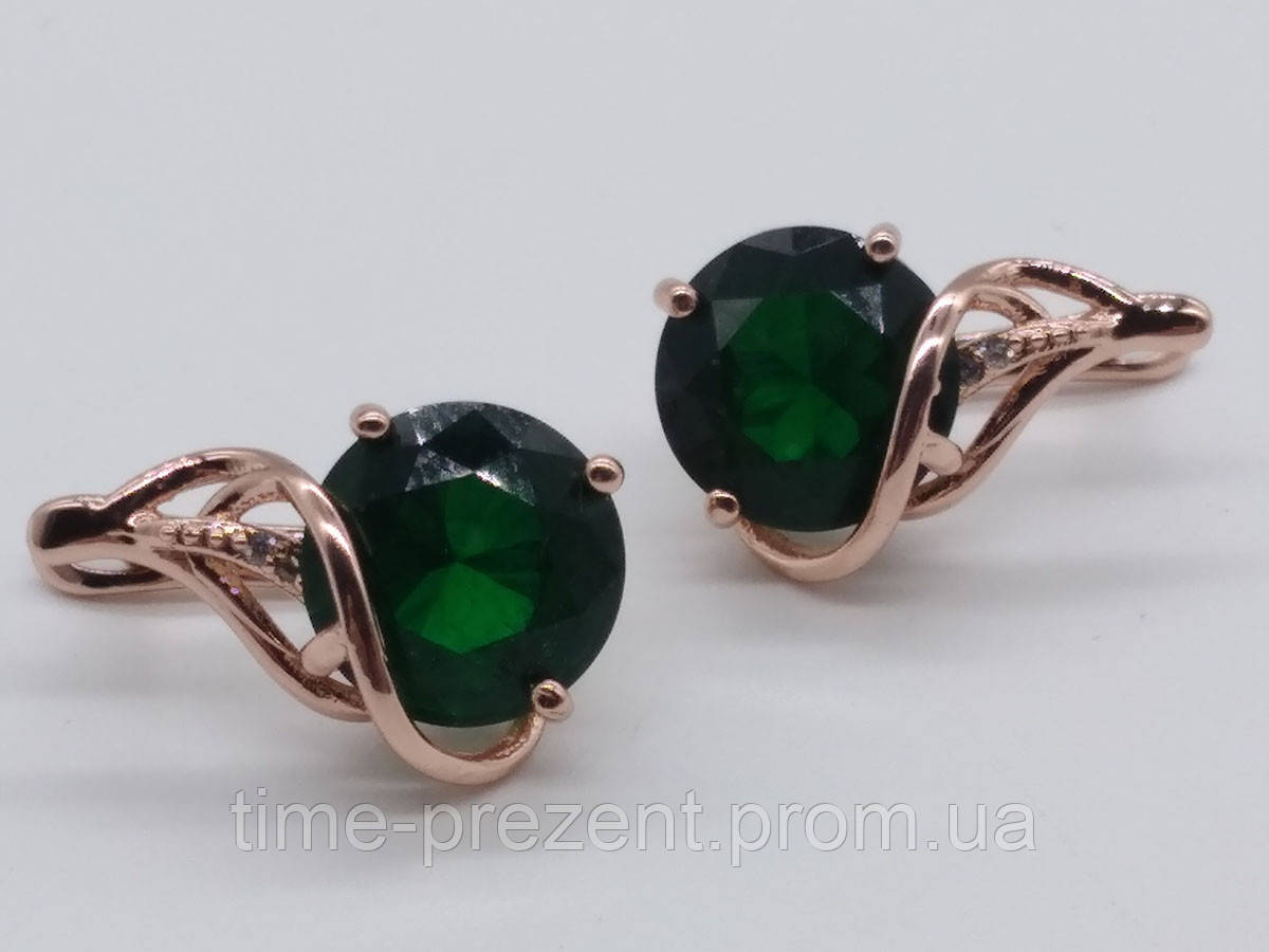 

Сережки Розовая позолота изящные с зеоеным и белыми камнями