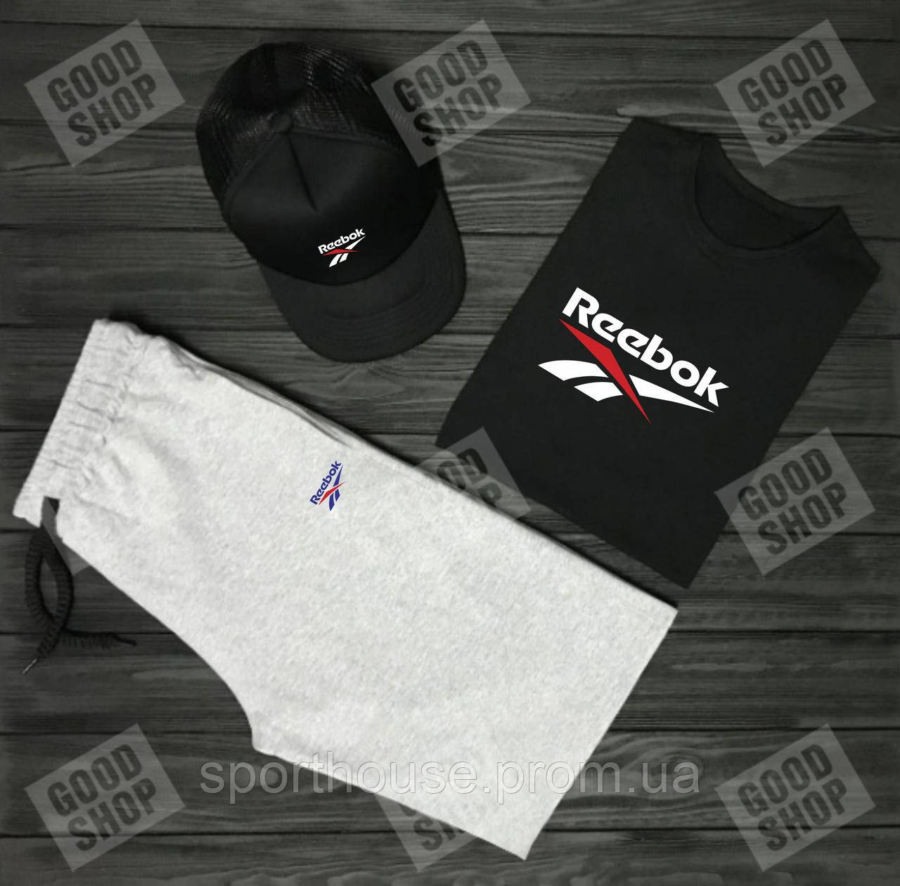 

Мужской костюм тройка кепка футболка и шорты Рибок (Reebok), летний мужской костюм, копия