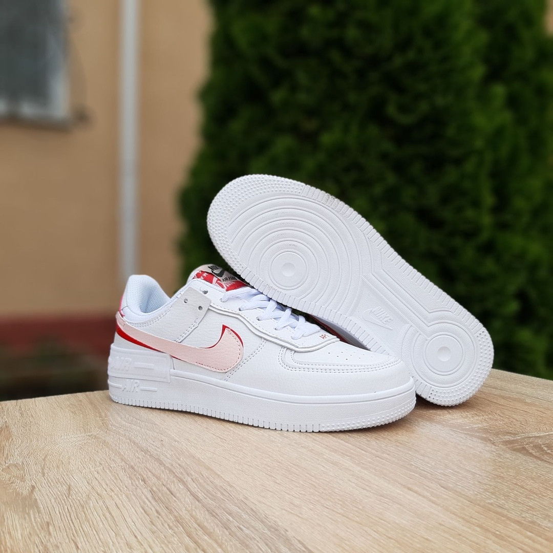 

Кроссовки женские Nike Air Force 1 белые с красным, Найк Аир Форс, натуральная кожа, прошиты. Код OD-20124, Белый