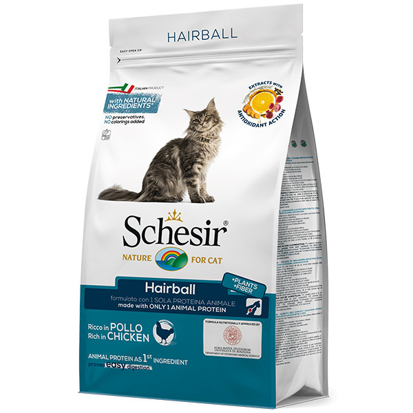 Schesir Cat Hairball сухий монопротеиновый корм для котів з довгою шерстю