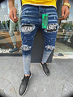 Молодіжні чоловічі джинсові штани з написами "Mariano1987" сині потерті - 31, 32, 33, 34