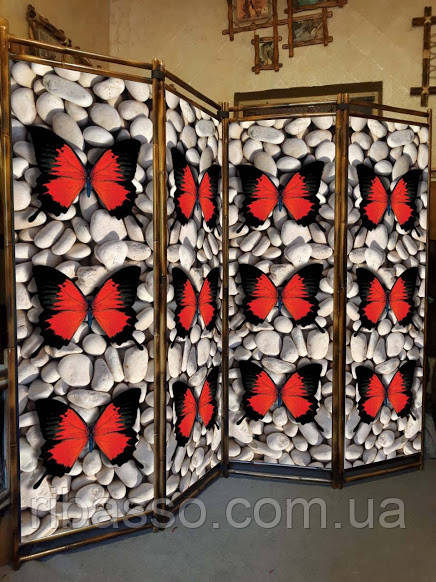 

Декоративная интерьерная ширма " Красная бабочка на камушках " 170х200см