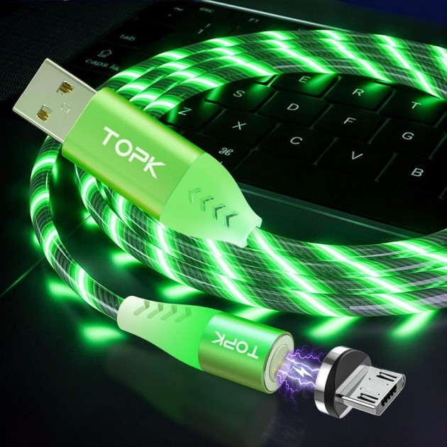 

Магнитный светящийся кабель для зарядки и синхронизации TOPK AM16 18W micro USB LED 1 метр 2.4 A Зелёный, Зеленый