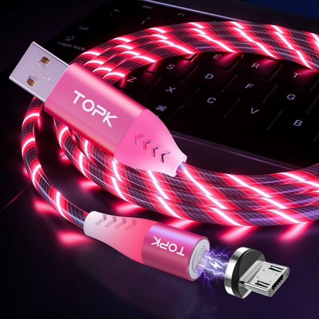 Магнитный светящийся кабель для зарядки и синхронизации TOPK AM16 18W micro USB LED 1 метр 2.4 A Розовый