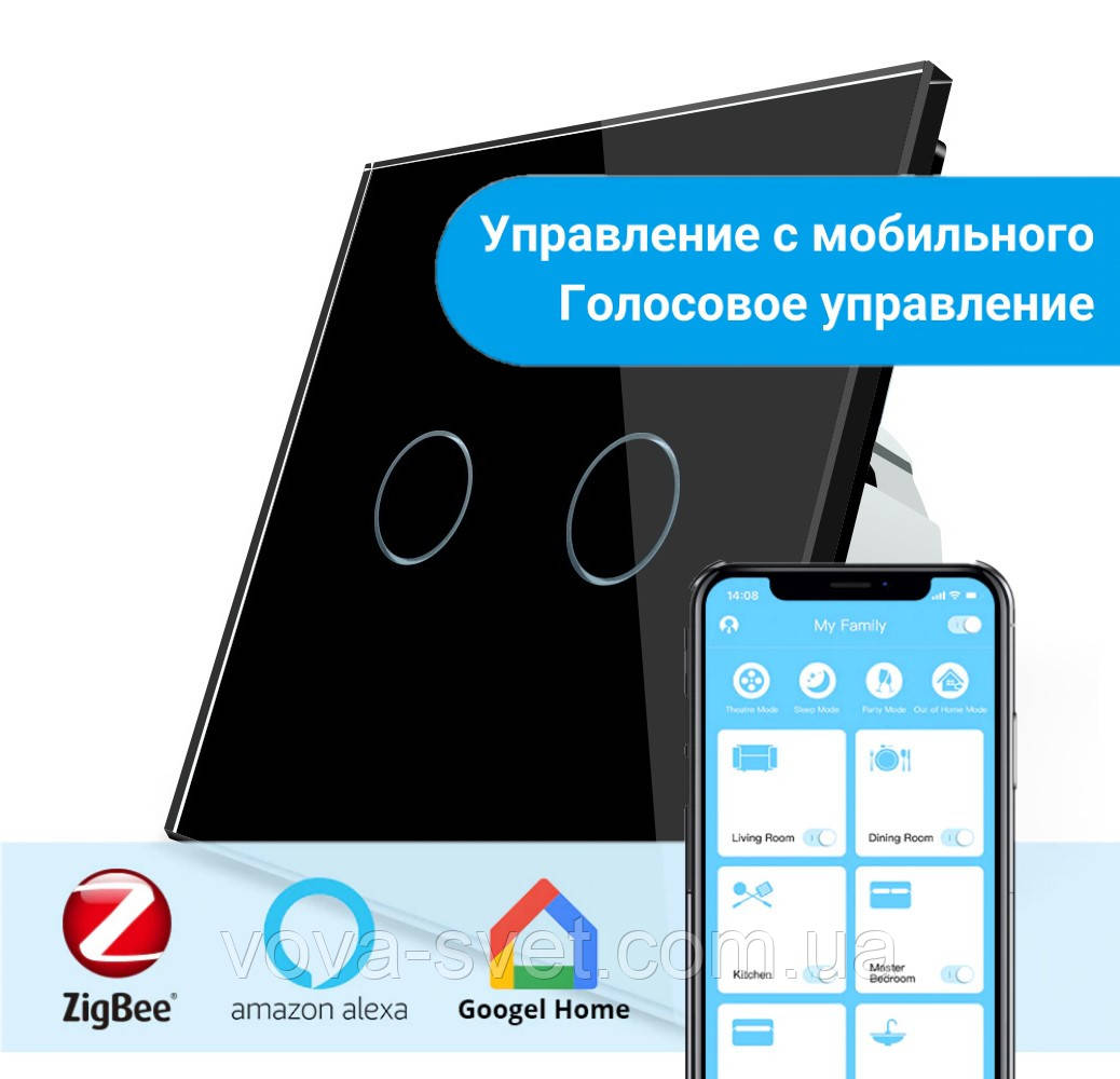 

Сенсорный Wi-Fi выключатель Livolo ZigBee 2 канала черный стекло (VL-C702Z-12)