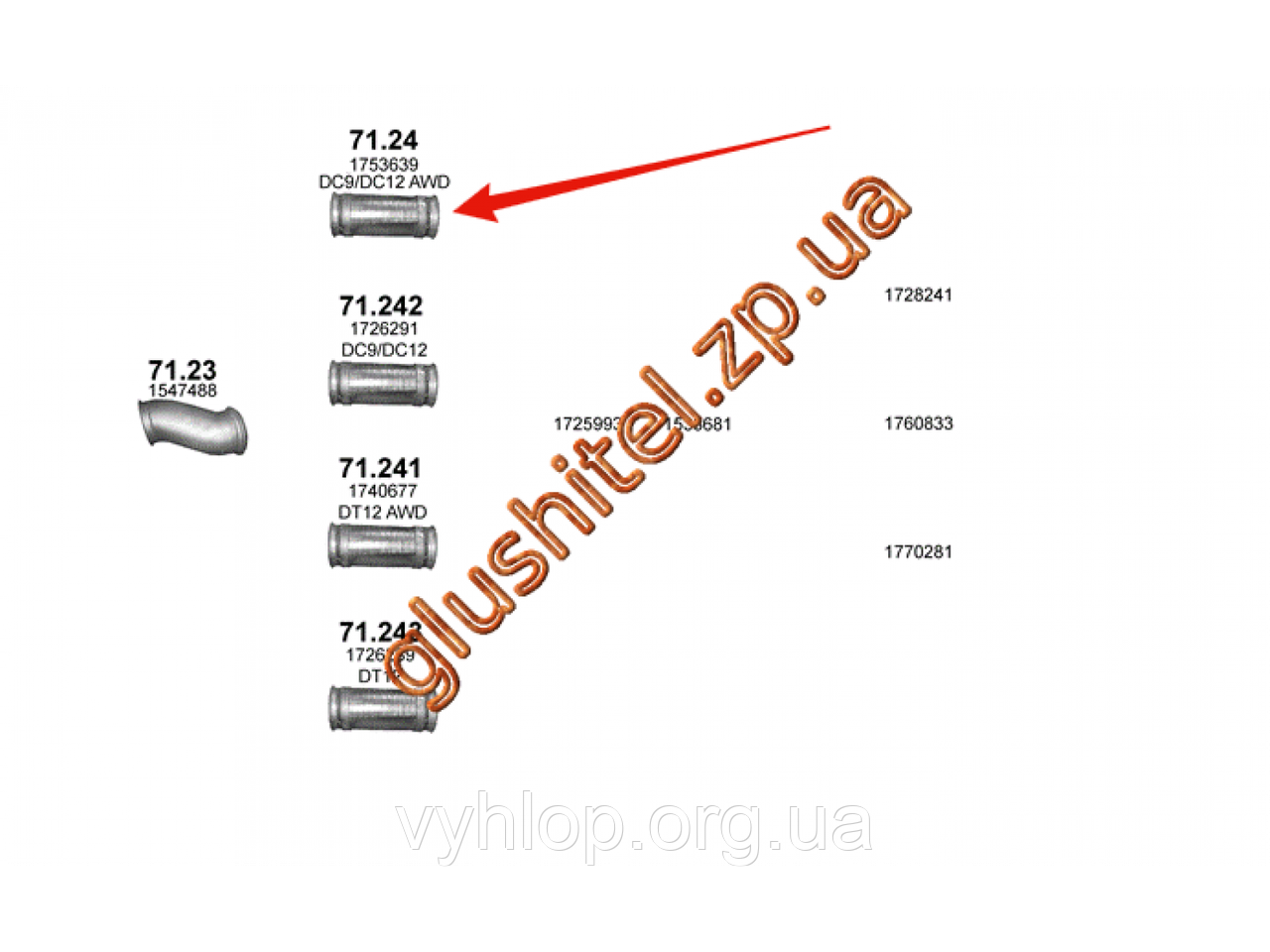 

Труба промежуточная Scania P,G,R,T 04- (71.24) Polmostrow алюминизированный