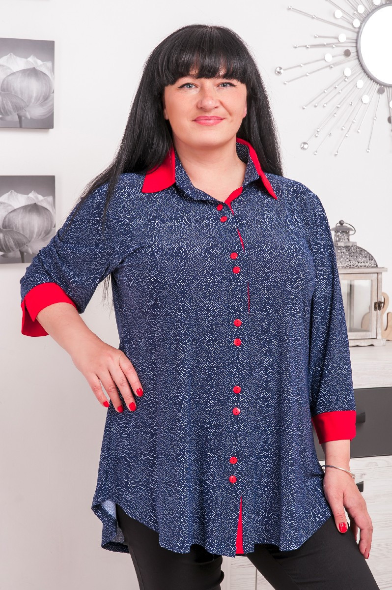 Рубашка женская размер плюс Горох с красной отделкой  (52-66)