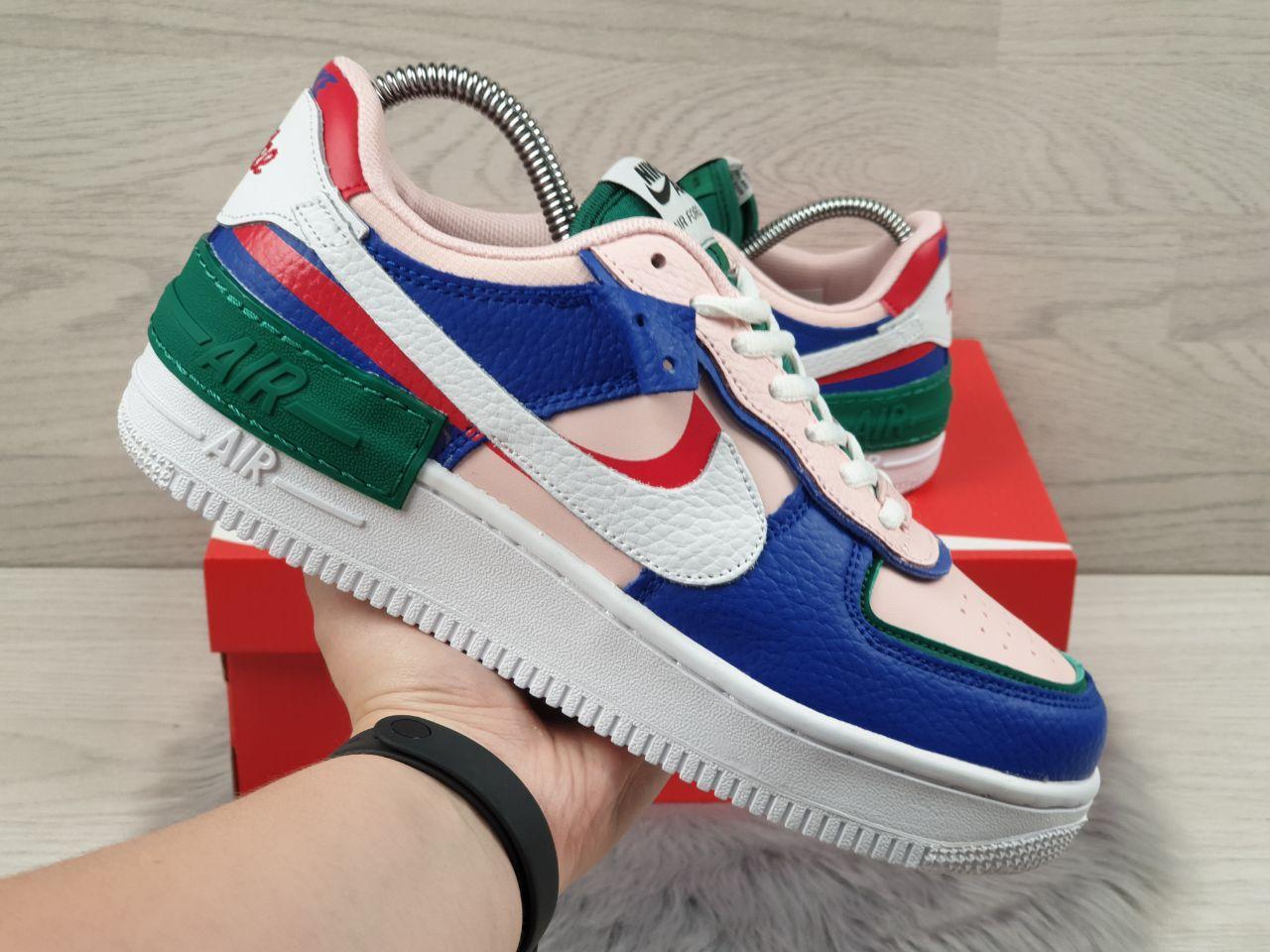 

Кросівки жіночі в стилі Nike Air Force 1 Shadow рожеві із синім\зелені