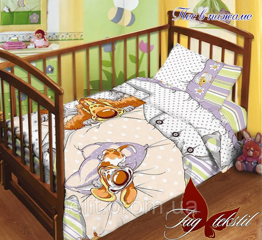 

Детский комплект постельного белья в кроватку с простыней на резинке "Пес в пижаме"