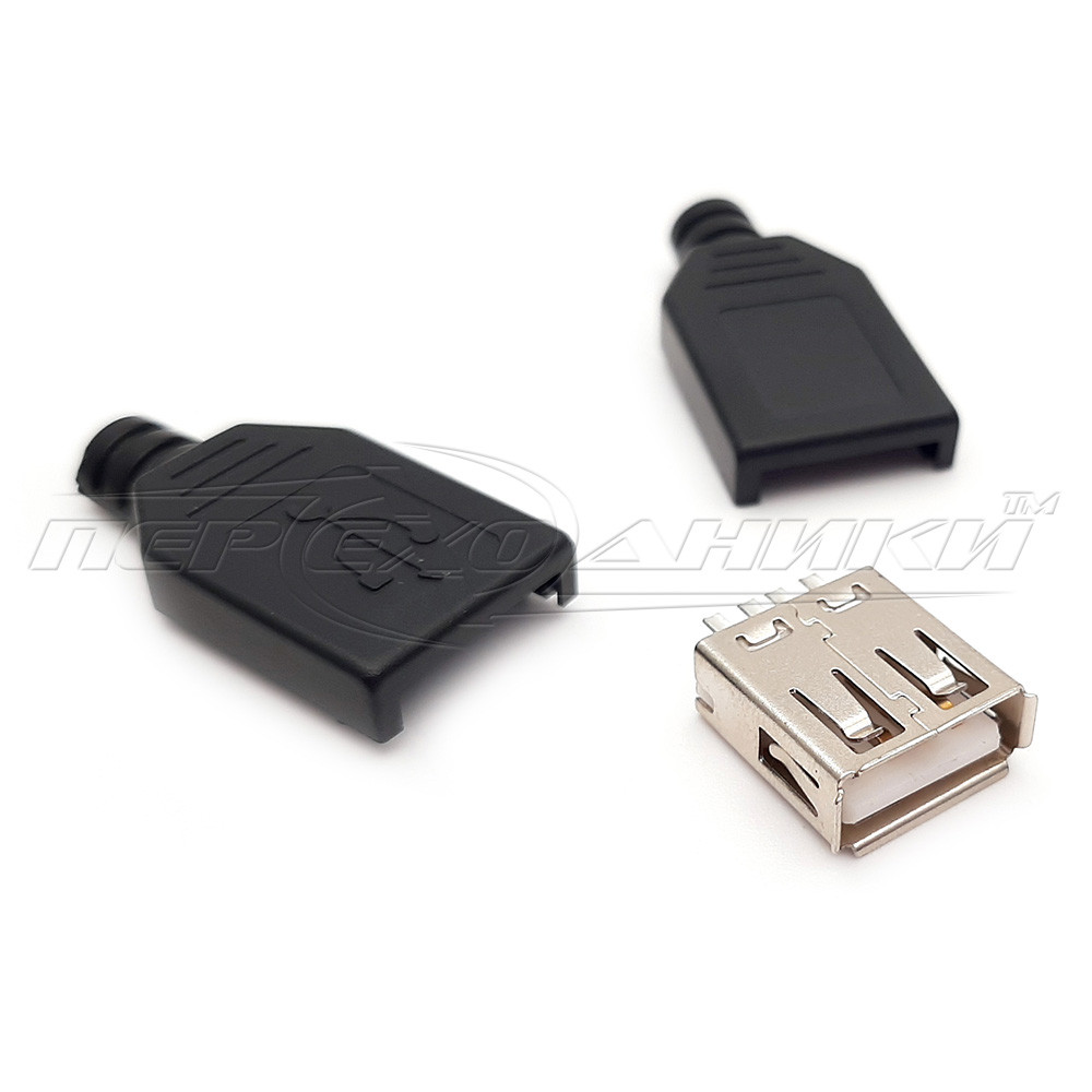Разъем гнездо USB-A ,  черный с корпусом и кабельным вводом
