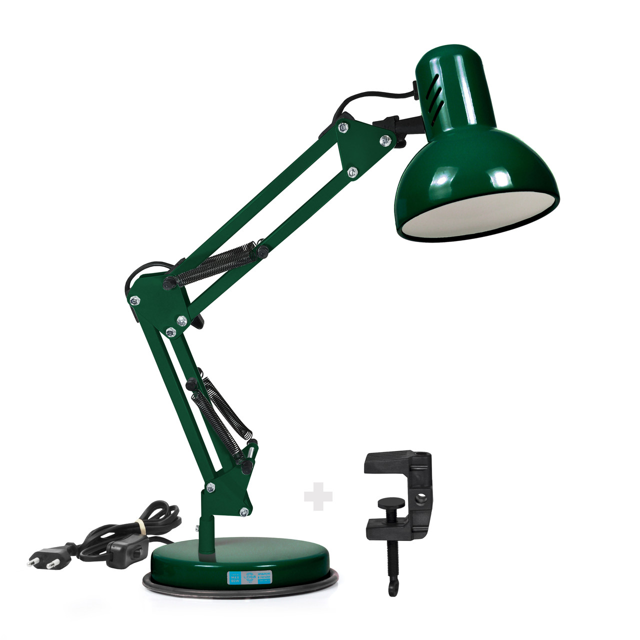 Лампа настільна на підставці струбцині під звичайну лампочку зелена "Смарагд"