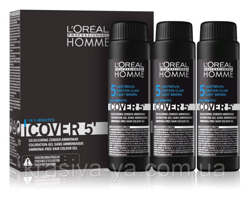 

L'oreal Professionnel Homme Cover 5 - Окрашивающий гель для волос 5 (светлый шатен), 3*50 мл