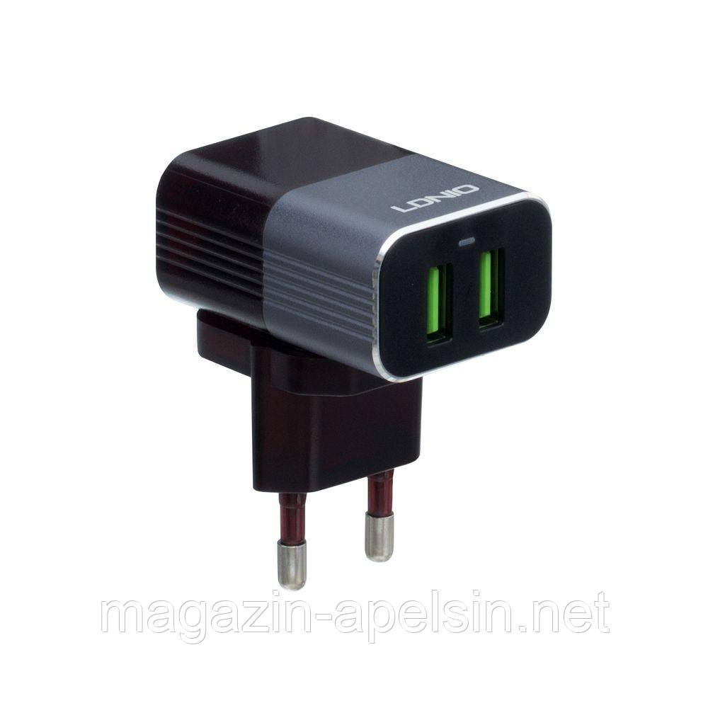

Сетевое зарядное устройство LDNIO 2,4А, 110-205V, 2USB, съемный кабель Type-C, переходник EU, серый, з/у,