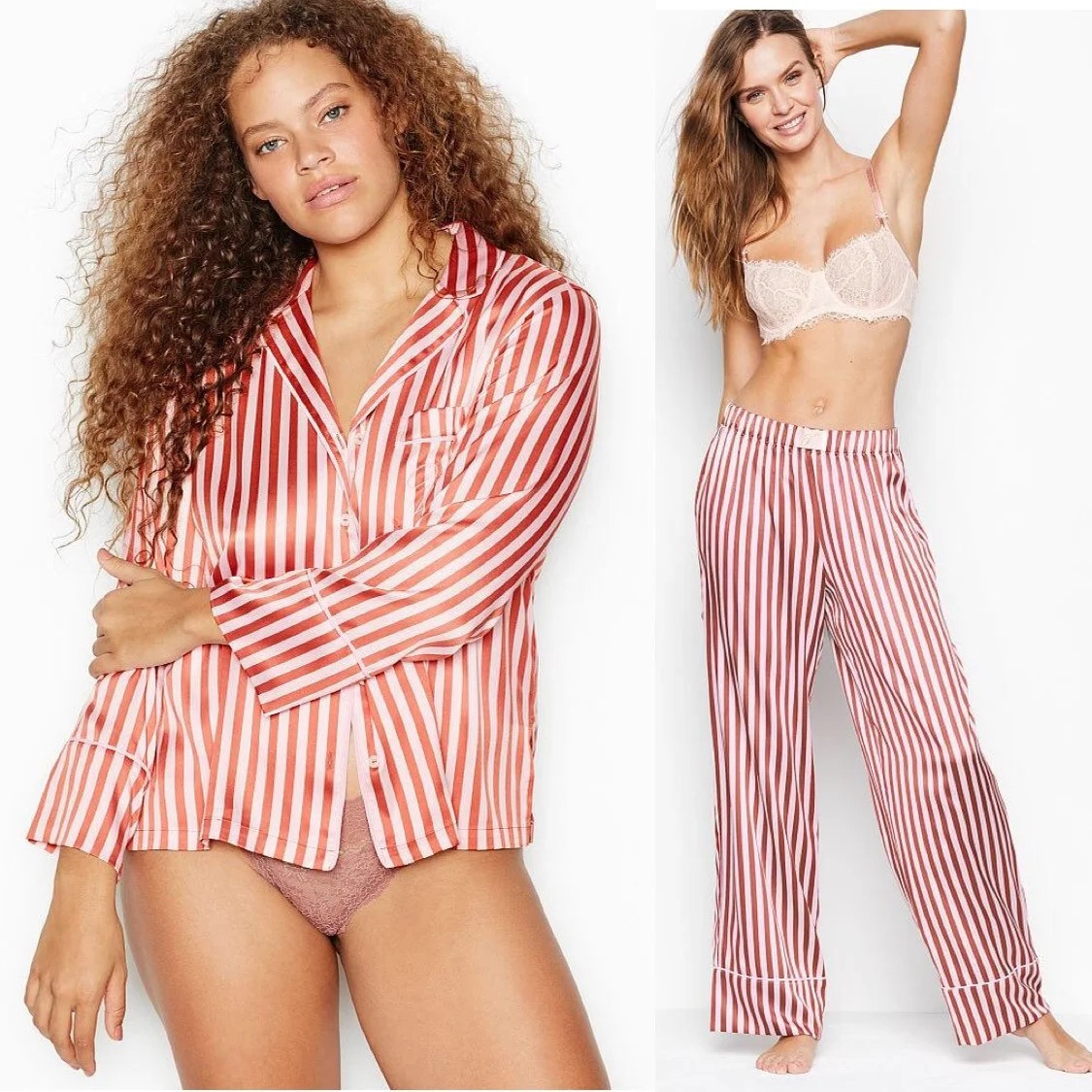 

Сатиновая Пижама Victoria’s Secret The Satin PJ, Розовая в терракотовую полоску XL