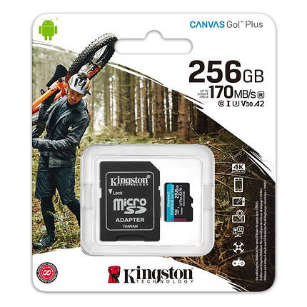 Карта пам'яті Kingston 256GB microSDXC C10 UHS-I U3 A2 R170/W90MB/s Canvas Go Plus + SD адаптер, фото 2