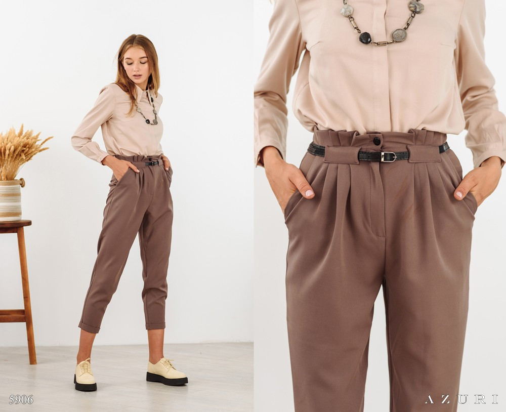 

Укороченные зауженные брюки женские модные женские брюки с поясом мокко M