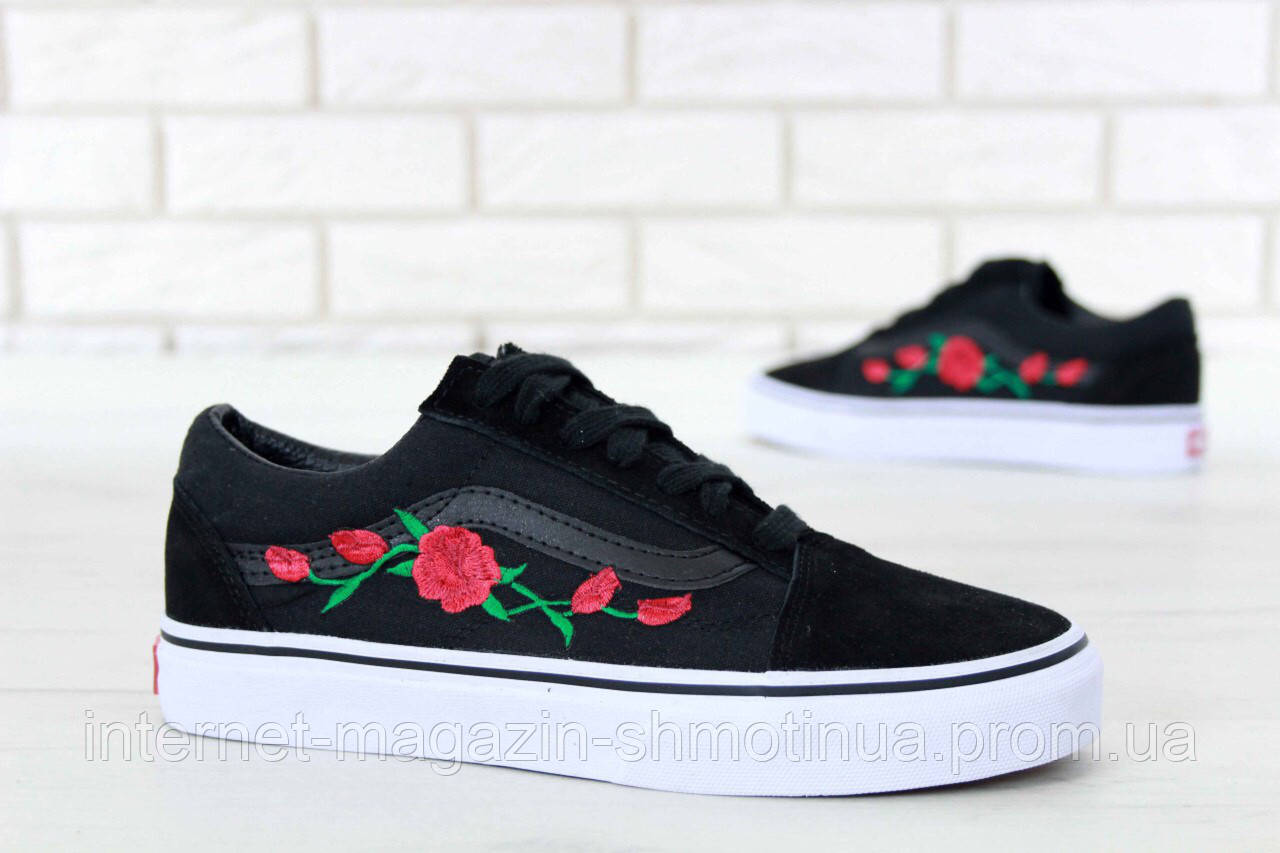 

Мужские кеды Vans Old Skool Roses Black/White (люкс копия), Черный