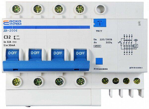 

Дифференциальный выключатель ДВ-2006 4p 32А 30мА, Аско [A0030020003]