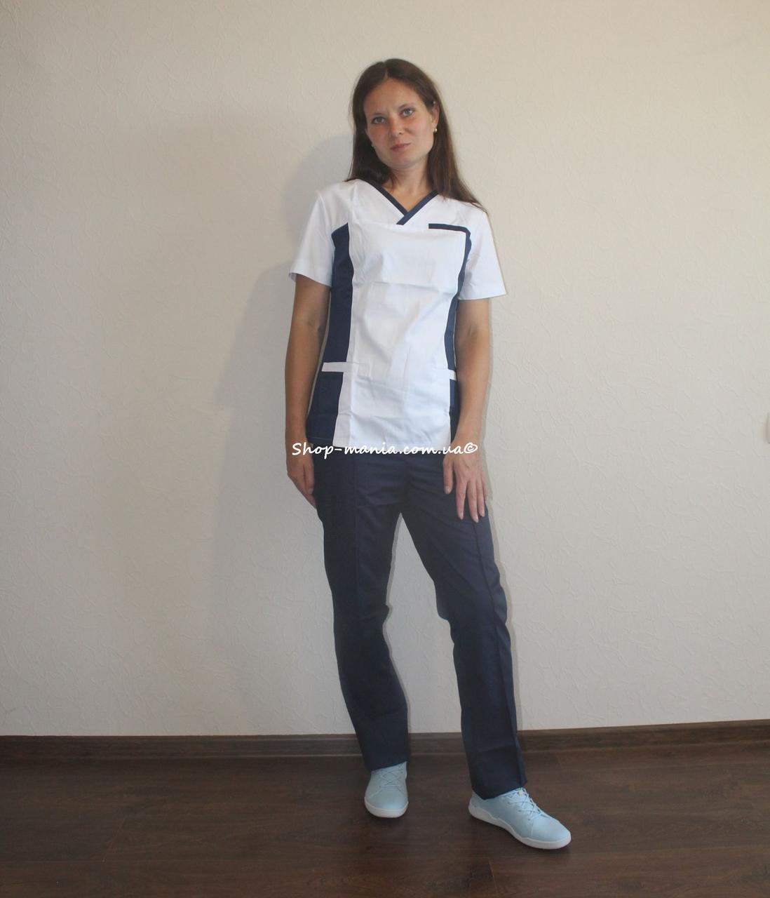 Хирургический медицинский женский костюм SM 1400-1 коттон Lilija 42-56 р (белый-синий)