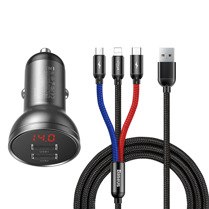 

Автомобильное зарядное устройство с дисплеем BASEUS |2USB, Lightning/Micro USB/Type-C cable, 4.8A, 24W| Черный
