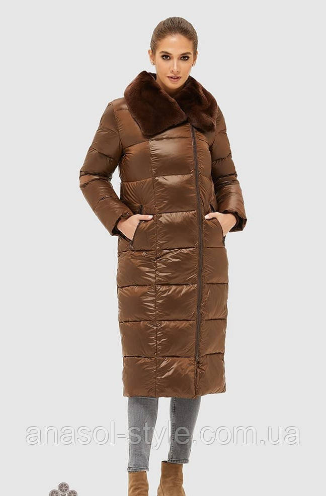 Женская куртка-плащ пуховик удлиненная стеганая с мехом Rex коричневая