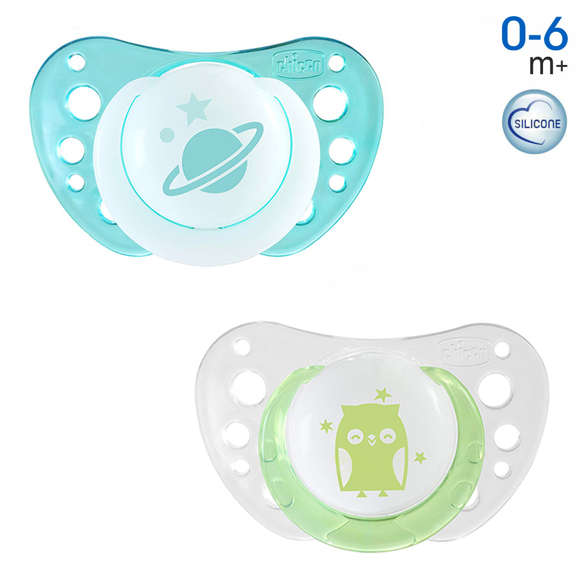 

Пустышка Chicco - Physio Air Night (75031.41B) силикон (0-6 мес. / 2 шт.) голубой/салатовый