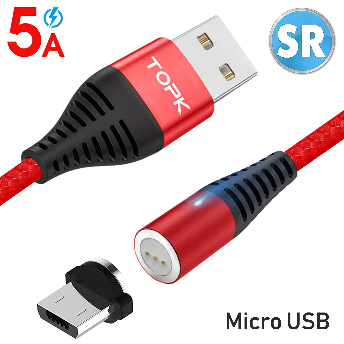 

Магнитный кабель TOPK (AM68) micro USB (SR 5A-30) для зарядки и передачи данных (100 см) Red