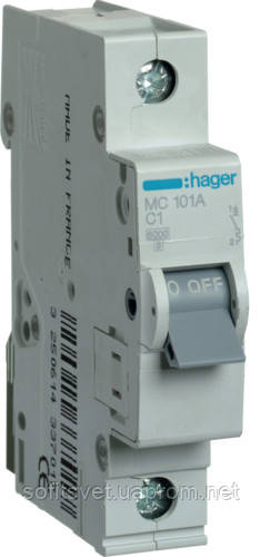 

Автоматический выключатель 1А, 1 полюс, тип C, 6kA Hager MC101A
