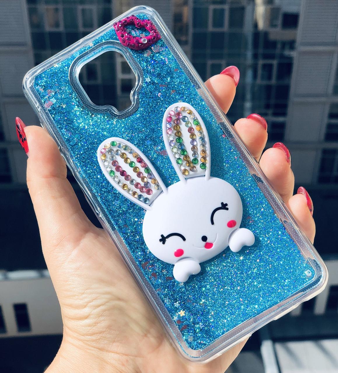 

Чехол Glitter для Xiaomi Redmi Note 9 Pro Max бампер жидкий блеск Заяц подставка Синий