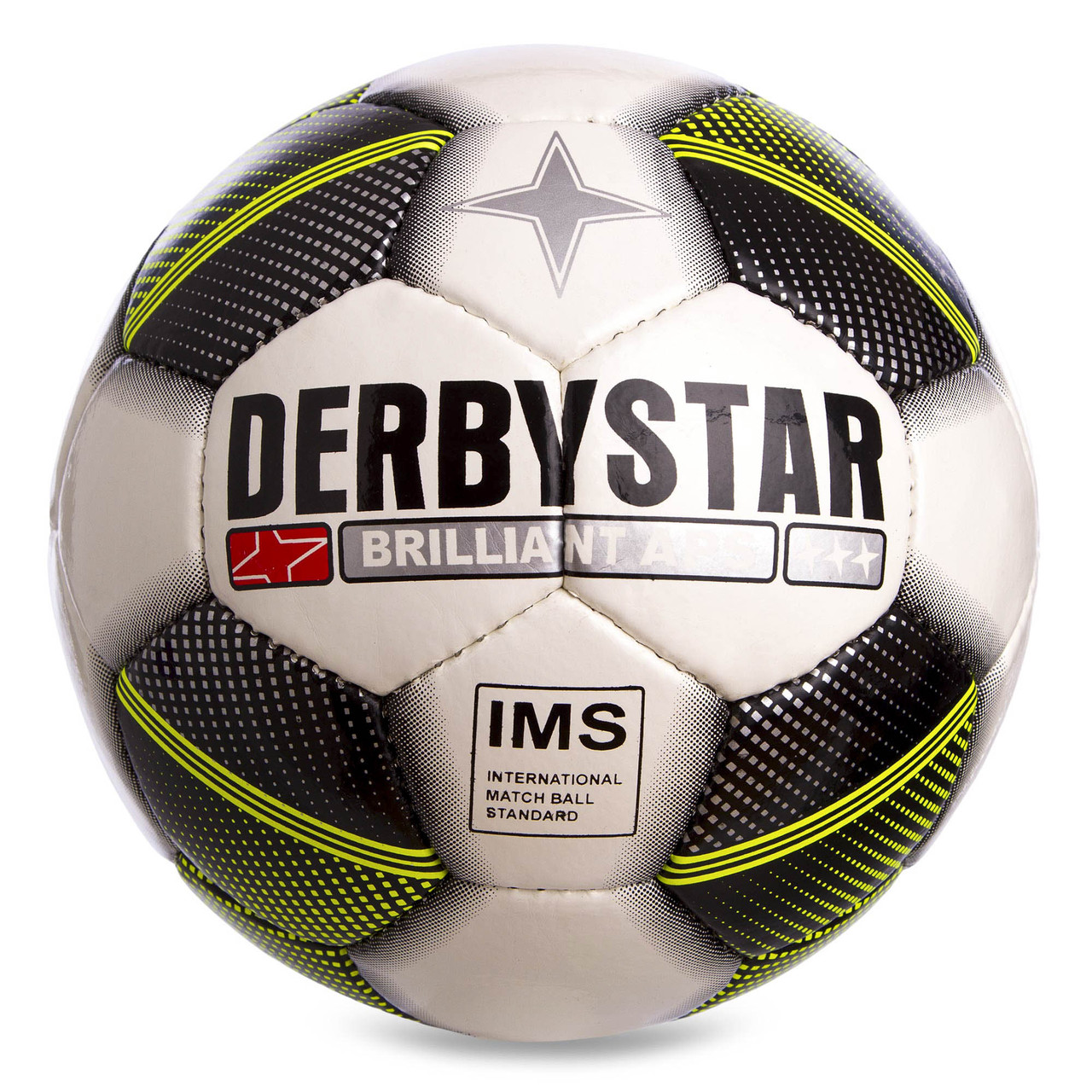 

Мяч футбольный №5 PU ламин. DERBYSTAR BRILLIANT APS FB-0662 (№5, 5 сл., сшит вручную, белый-желтый-черный) Replica