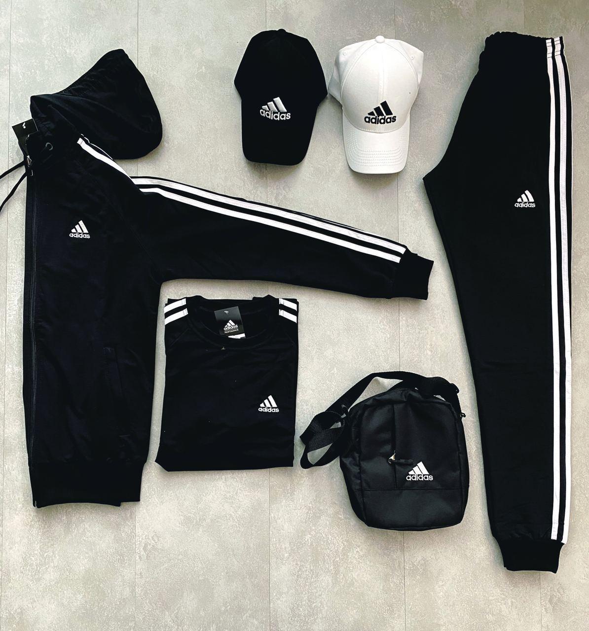 

Спортивный костюм мужской, женский с капюшоном Adidas Black - Адидас Черный Двухнитка, Белый