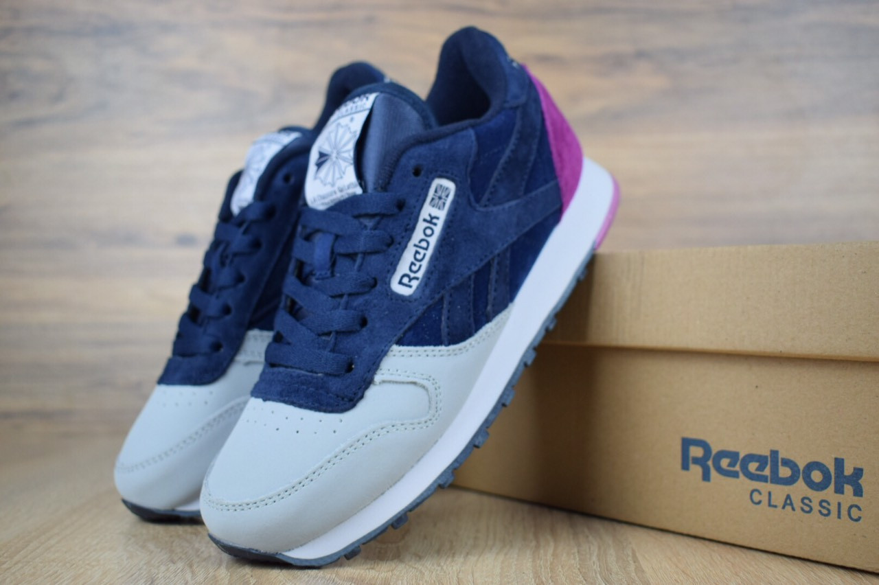 

Женские кроссовки в стиле Reebok Classic, кожа сине-серые с малиной 38(24,5 см), размеры:36,38