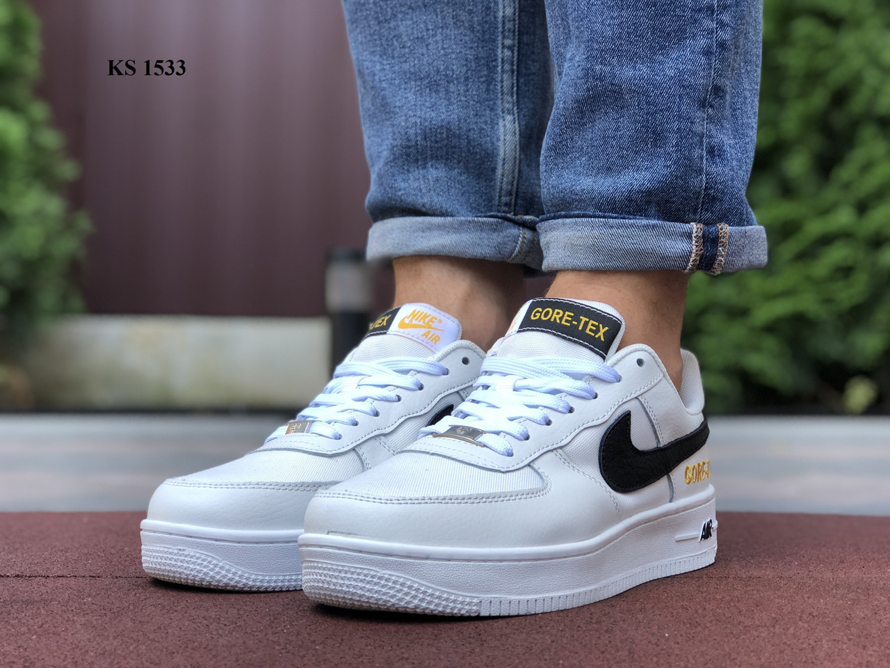 

Мужские кроссовки в стиле Nike Air Force 1 GORE-TEX, кожа, текстиль, белые с черным 45 (28,5 см)