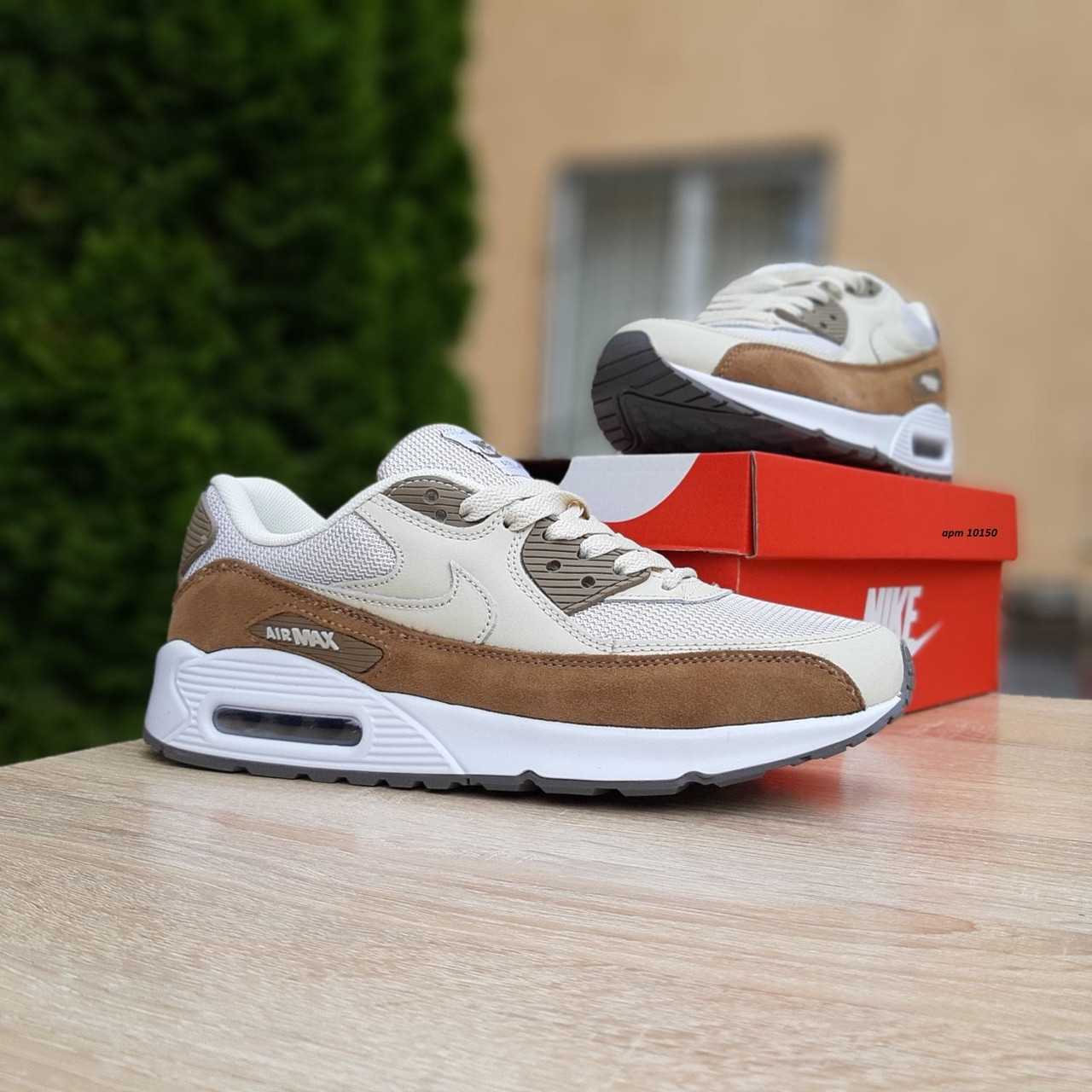 

Мужские кроссовки в стиле Nike Air Max 90, сетка, замша, кожа, бежевые с коричневым 42(26,5 см)