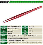BEST BST-11C Пінцет кольоровий 302 сталь загартована наконечник HRC40 . Антикислотний антимагнітний, фото 2