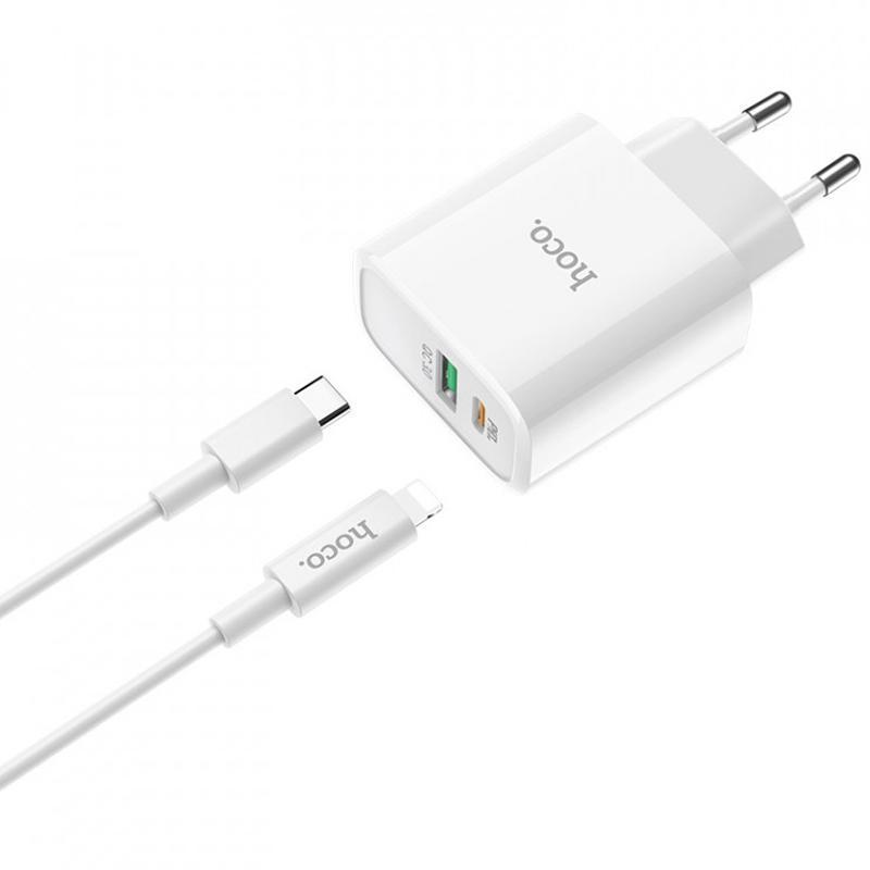 

СЗУ 1USB Type-C + Cable Type-C-Lightning Hoco C80A PD 18W QC3.0 3.1A White, Белый