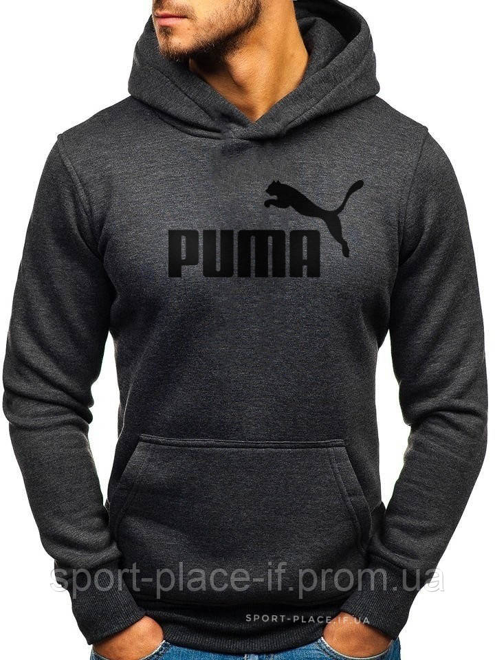 

Утепленная мужская толстовка Puma (Пума) ЗИМА темно серая с начесом (большая черная эмблема) кенгуру худи, Темно-серый