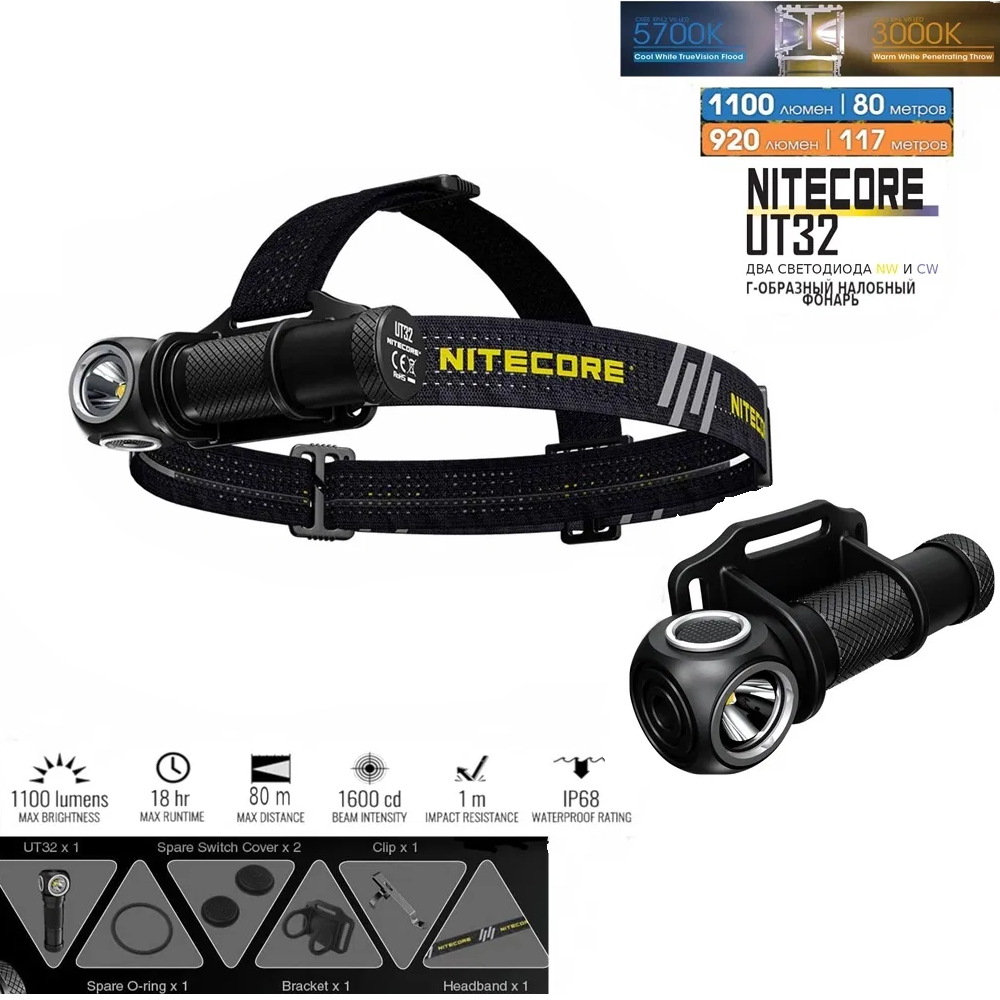 

Фонарь налобный Nitecore UT32 CREE XP-L2 V6*2шт