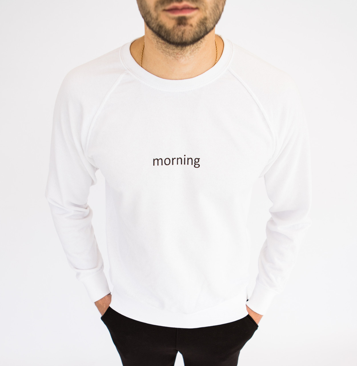 

Мужской белый реглан с принтом "MORNING" Размеры: S, M, L, XL