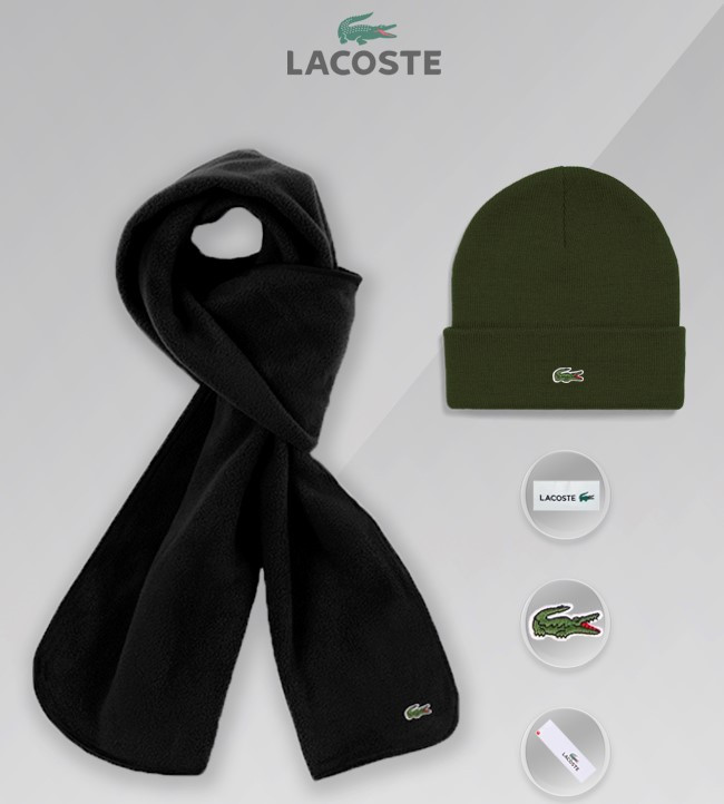 

Комплект шапка и шарф мужской зимний осенний стильный бренд Lacoste Лакост, Хаки