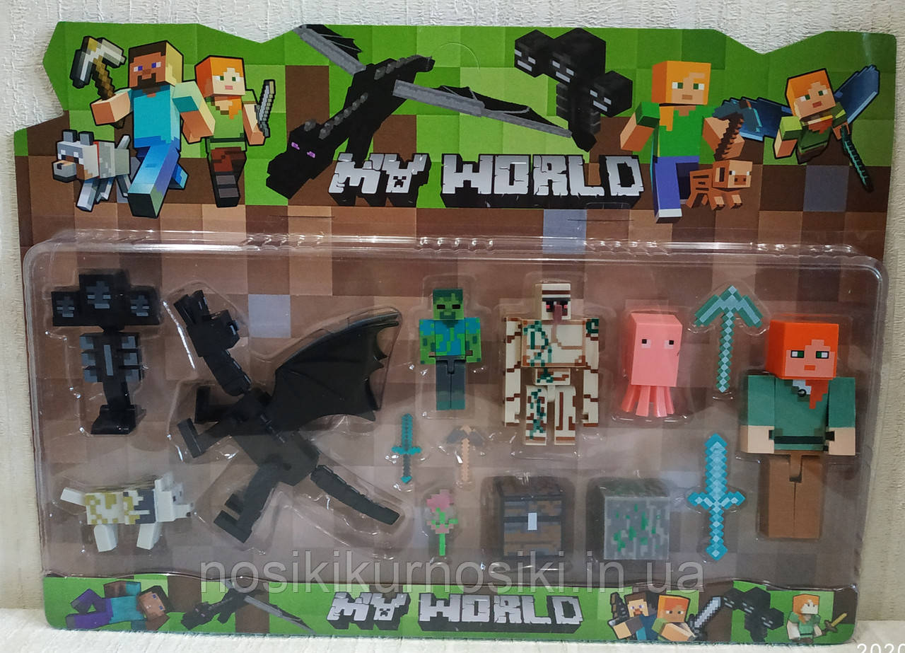 Фигурки Minecraft Герои Майнкрафт — 5 фигурок, дракон, собака, оружие, аксессуары JL18332-2