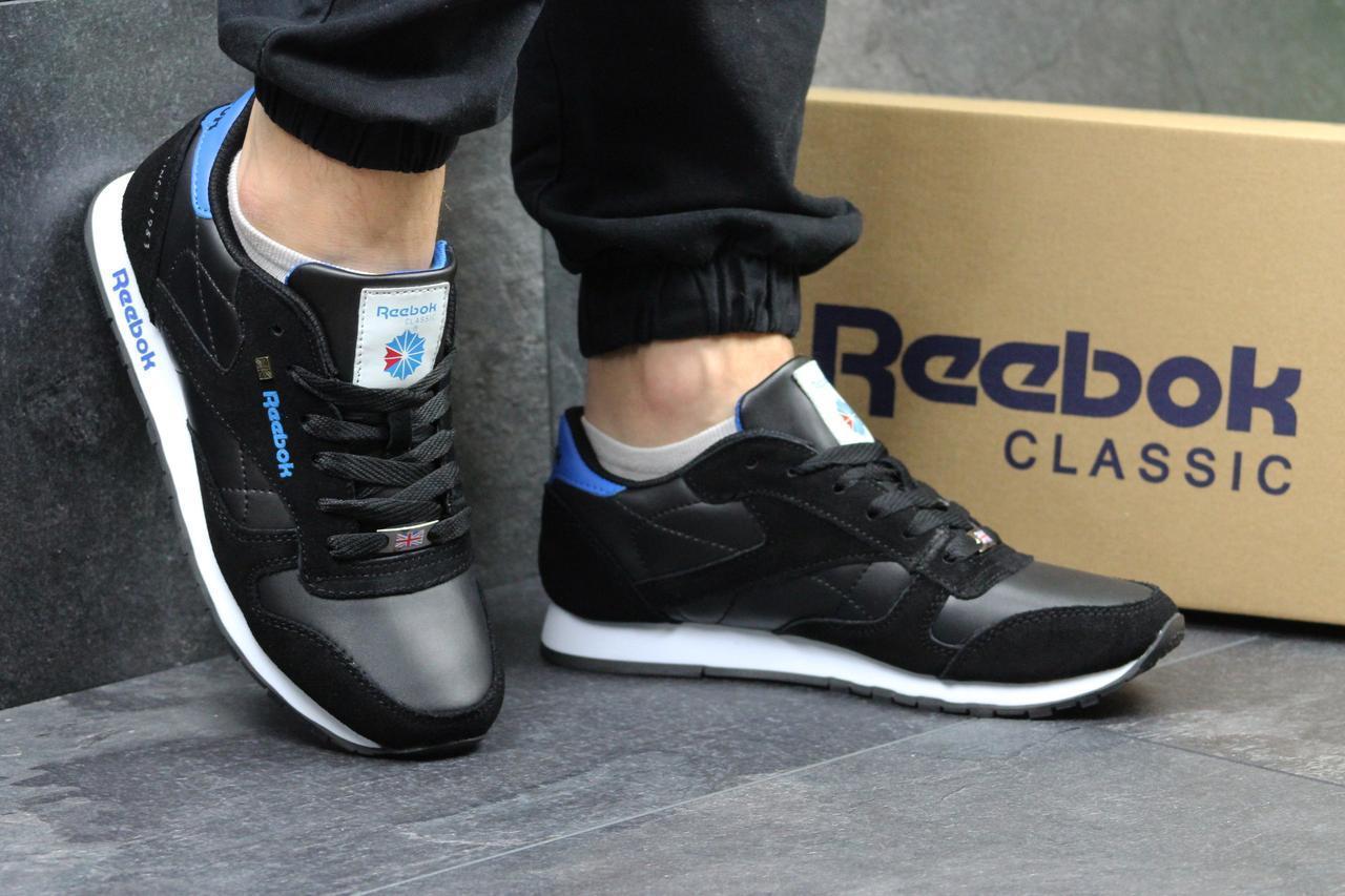 

Мужские кроссовки в стиле Reebok Classic Leather since 1983, черные с синим 44(28 см), размеры:41,43,44,45