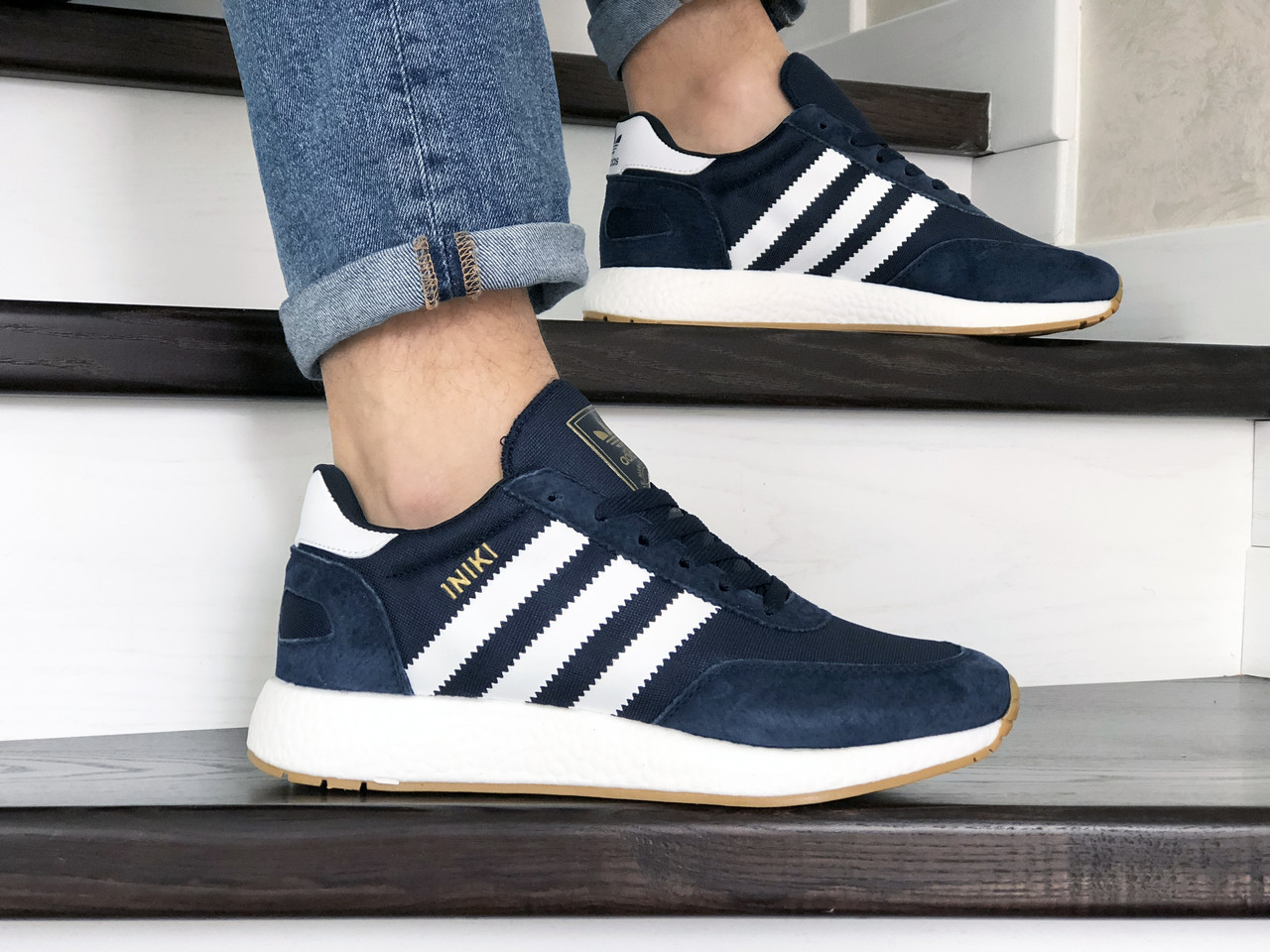 

Мужские кроссовки в стиле Adidas Iniki, сетка, замша, синие с белым, 45р(28,5 см), размеры:45,46