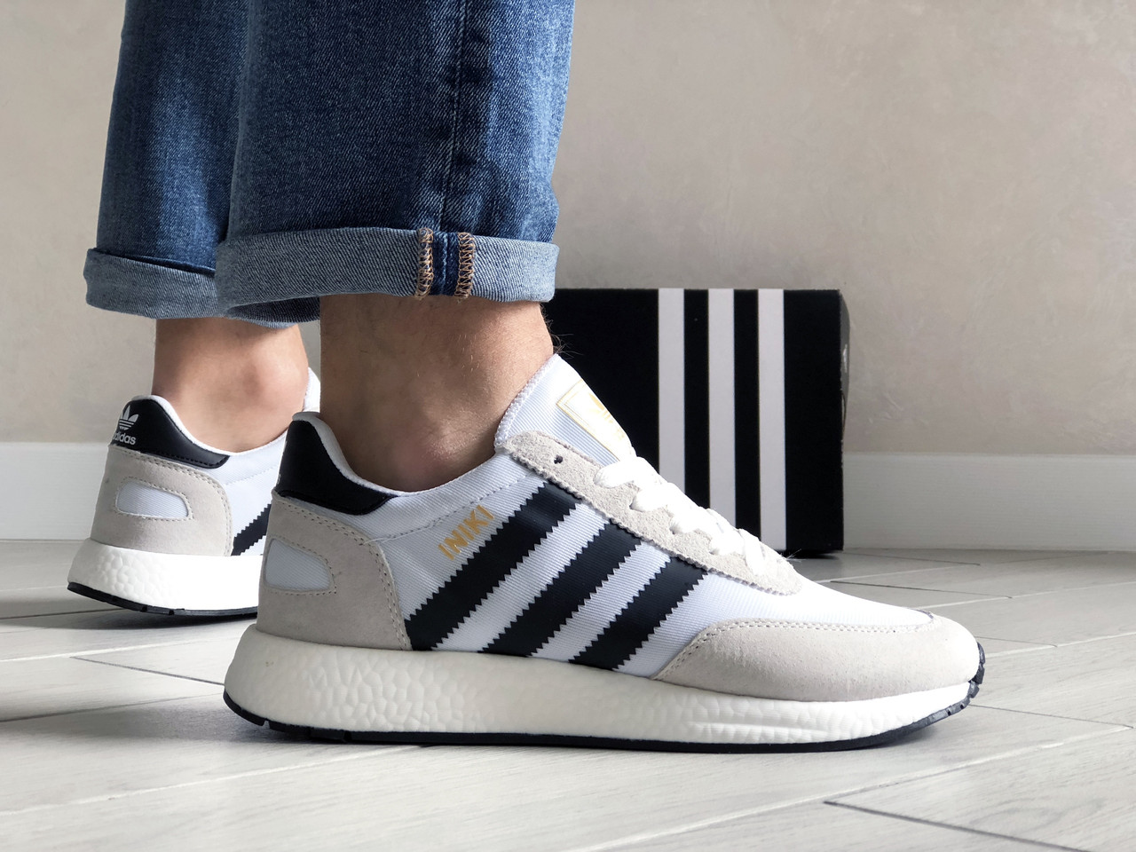 

Мужские кроссовки в стиле Adidas Iniki, сетка, замша, белые с бежевым, 46р(29,4 см), последний размер