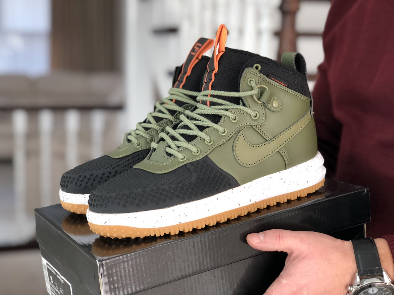 

Мужские кроссовки в стиле Nike Lunar Force 1 Duckboot, кожа, термоплащевка, зеленые с черным 41(26 см)