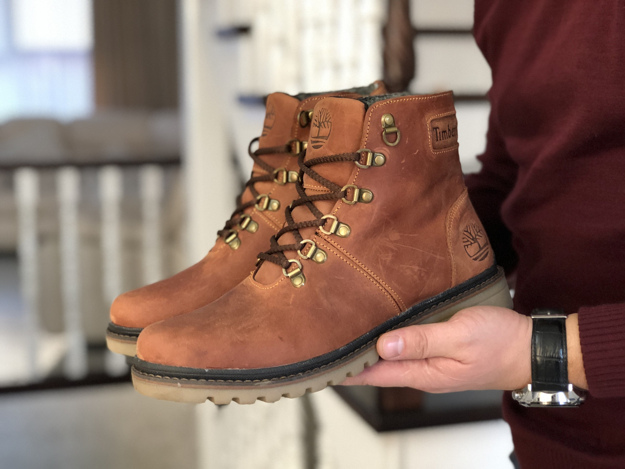 

Мужские зимние ботинки на меху в стиле Timberland, натуральная кожа, прошитые, коричневые 40 (26,6 см)