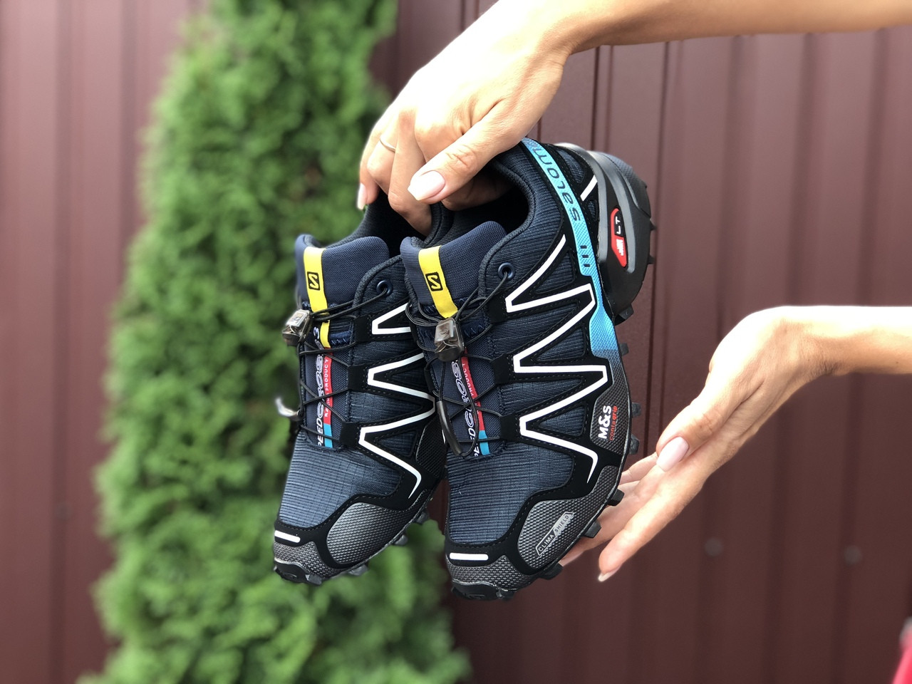 

Кроссовки женские демисезонные в стиле Salomon Speedcross 3, черные с белым \ голубым 38, Черный