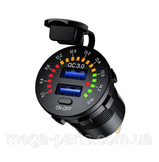 Автомобільний зарядний 2хUSB (12 V - 24 V) Quick Charge 3,0 з ВОЛЬТМЕТРОМ / врізна розетка / адаптер живлення